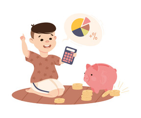 Canvas Print - Little Boy with Piggy Bank Calculating Coins Engaged in Economic Education and Financial Literacy Learning Saving and Investing Money Vector Illustration