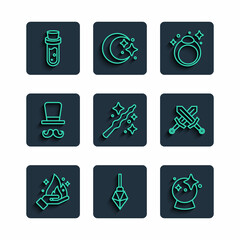 Sticker - Set line Hand holding fire, Magic stone, ball, ring, wand, Magician, Bottle with potion and Crossed medieval sword icon. Vector