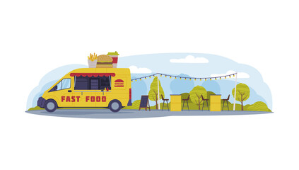 Canvas Print - Bright Yellow Food Truck in Green Park Area Cooking and Selling Street Food Vector Illustration