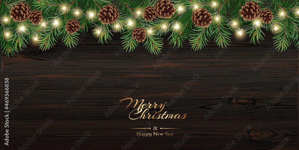 Vector Christmas frame with tree branches on wood background and light ...