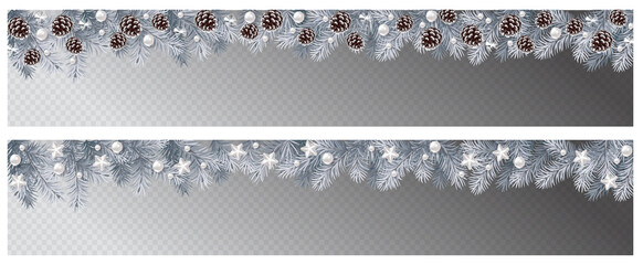 Poster - Vector border with white fir branches and with festive decoration elements on transparent background. Christmas tree garland with fir branches, pine cones, and glass decoration