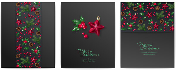 Wall Mural - Christmas decorative border and background made of festive decoration elements. New Year concept.  Red and green color. 