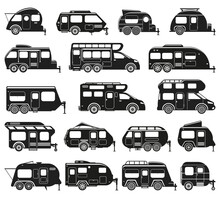 Camper Vans, Caravan Rv Cars And Camping Trailers Silhouettes. Camping Motor Home, Road Trip Car Wagon Vector Flat Illustration Set. Recreational Camping Caravan Silhouettes