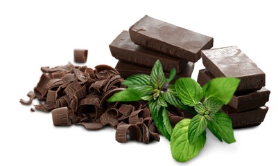 Canvas Print - Milk chocolate and mint leaves on the desk