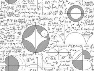 Wall Mural - scientific math vector seamless pattern with formulas, calculations and geometrical figures handwrit