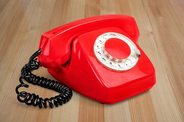 Poster - Old, red rotary dial retro telephone with receiver,