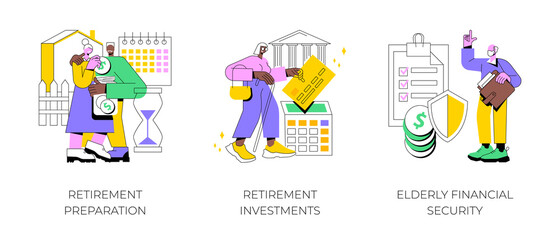 Retirement financial planning abstract concept vector illustration set. Retirement preparation, investments and elderly financial security, retiree budget, pension account, seniors abstract metaphor.