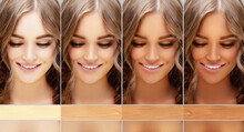 Beauty Visual About Suntan. Model's Face Divided In Parts - Tanned And Natural.Different Tones Of Foundation