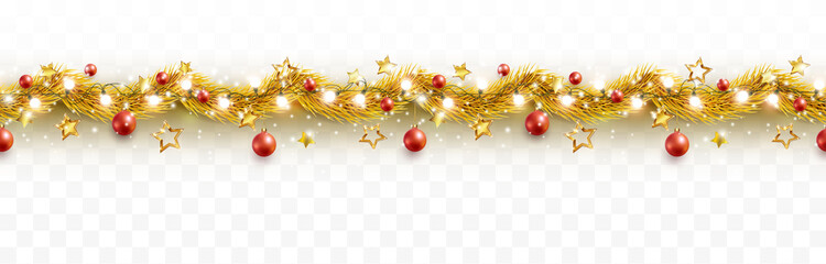 border with golden fir branches, gold stars, red balls, lights isolated on transparent background. p