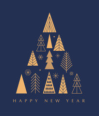 Wall Mural - Simple Christmas trees background, geometric minimalist style. Happy new year banner. Xmas tree, snowflakes, decorations elements. Retro clean concept design