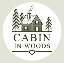 Cabin In Woods Pine Forest Linear Vector Nature Emblem Isolated On White, Log Cabin Cottage For Rest, Holidays And Vacations Theme Line Art Logo, Beauty In Nature, Woodhouse Resort.