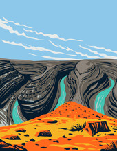 WPA Poster Monochrome Art Of Goosenecks State Park Overlooking A Deep Meander Of The San Juan River Located Near Mexican Hat, Utah USA Done In Works Project Administration Style.