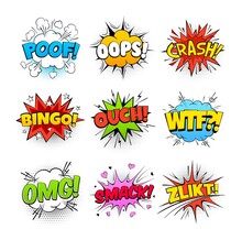 Cartoon Comics Speech Bubbles Of Vector Sound Effect Halftone Balloons And Exclamation Clouds With Stars, Lightnings And Hearts. Oops, Ouch, Bingo And Omg, Wtf, Crash, Poof And Smack Comics Bubbles