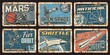 Galaxy spaceships and satellites rusty plates of space travel vector design. Universe space planet, spaceship, rocket, satellite and shuttle, Earth, Moon and Mars, star and comet old tin signs