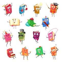 Wall Mural - Kids textbooks, bestsellers and fairytale books happy characters. Cute vector books in colorful covers, wearing vintage cylinder and academic hat, exercising with barbell, jump with rope and sleeping