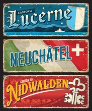 Lucerne, Neuchatel And Nidwalden Swiss Cantons Plates With Vector Flags And Coat Of Arms. Luzerne Lake Landmarks, Chapel Bridge And Swiss Alps Mountains, Heraldic Shields, Cross And Key Vintage Signs
