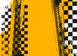 Racing sport background. Tire tracks and checkered rally racing flag with grunge. Off road tyre prints, vector black car treads, spots and checkered backdrop. Motocross bike protectors