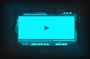 Poster - HUD video player futuristic interface vector design of hologram movie screen with media control buttons, menu bar and volume slider. Digital player of multimedia app, web and mobile application ui