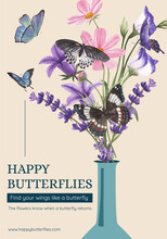 Poster Template With Purple And Blue Butterfly Concept,watercolor Style