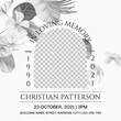 Floral memorial and funeral invitation card template design, bright grey decorated with black and white Plumeria flowers and leaves