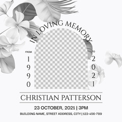 Wall Mural - Floral memorial and funeral invitation card template design, bright grey decorated with black and white Plumeria flowers and leaves