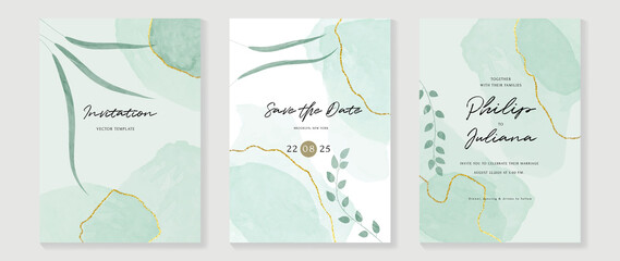 Abstract art background vector. Luxury invitation card background with golden line art and Watercolor brush texture. Vector invite design for wedding and vip cover template.