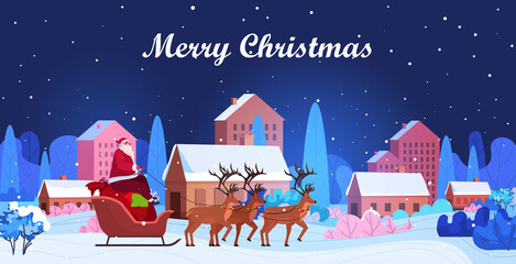 Sticker - santa riding in sledge with reindeers happy new year merry christmas winter holidays concept night cityscape