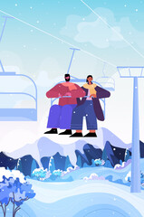 Wall Mural - people sitting on chairlift ski resort cableway in snowy mountains christmas new year holidays celebration