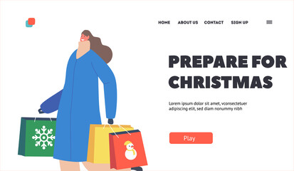 Wall Mural - Christmas Preparation Landing Page Template. Girl with Gifts in Colorful Bags. Happy Female Character Carry Presents