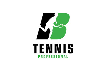 Letter B with Tennis player silhouette Logo Design. Vector Design Template Elements for Sport Team or Corporate Identity.