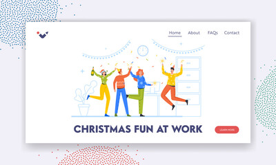 Wall Mural - Christmas Fun at Work Landing Page Template. Happy Business People Drinking Champagne in Office. Joyful Managers