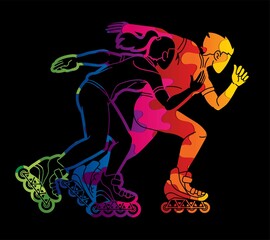 Canvas Print - Group of Roller blade Players Action Extreme Sport Cartoon Graphic Vector