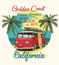 California Typography For T-shirt Print With Surf,beach And Retro Bus.Vintage Poster.