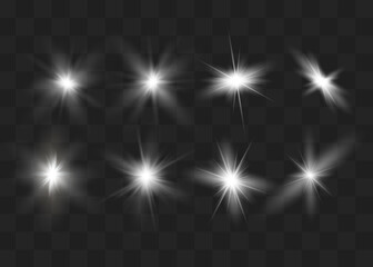 Wall Mural - White glowing light explodes on a transparent background. Sparkling magical dust particles. Bright Star. Transparent shining sun, bright flash. Vector sparkles. To center a bright flash.