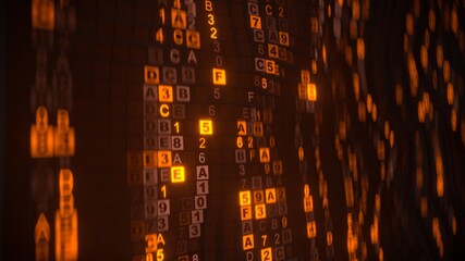 Orange digital HEX code rain. Futuristic technology concept. 3D rendering illustration