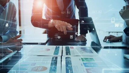 Poster - Business and technology concept. Communication network. Data analysis. Management strategy. Digital transformation.