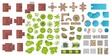 © Volha - Set Architectoral and Landscape elements, top view. Collection of houses, plants, garden, trees, swimming pools, outdoor wooden furniture, tile. Flat vector. Tables, benches, chairs. View from above.