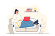 Freelance working concept for web banner. Woman work at laptop sitting at sofa at home. Remote employee online modern person scene. Vector illustration in flat cartoon design with people characters