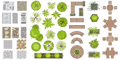 Wall Mural - Wooden furniture and tile path top view. Set of benches, plants in pots and tile for landscape design. Collection of architectural elements for projects. Table, chair, bench, pot, tree. Vector flat