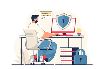 Wall Mural - Cyber security concept for web banner. Man gets access using password, online protection of personal accounts, modern person scene. Vector illustration in flat cartoon design with people characters