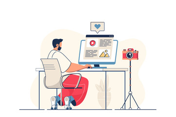 Leinwandbilder - Blogging concept for web banner. Man blogger writes article and publishes new post in blog for followers, modern person scene. Vector illustration in flat cartoon design with people characters