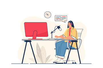 Aufkleber - Podcast streaming concept for web banner. Woman with headphones speaks into microphone and broadcasts live, modern person scene. Vector illustration in flat cartoon design with people characters