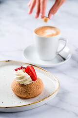 Poster - Close-up of Shu cream Japanese cream puff and hot coffee. Concept sweets enjoy eating.