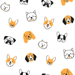 Wall Mural - Seamless pattern with faces of different breeds dogs. Corgi, Pug, Chihuahua, Terrier, Pomeranian, Spaniel. Texture with dog heads. Hand drawn vector illustration in doodle style on white background