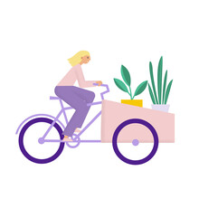 Woman Riding Cargo Bike Bakfiets With Plants. A Girl Transports Carries Her Plants In Pots On Bakfiets Bicycle. Flat Vector Illustration
