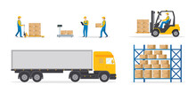 Warehouse Of Wholesale. Logistic, Fulfilment Order For Distribution. Loader, Cargo Truck, Forklift With Driver, Worker With Cart, Box On Rack. Flat Illustration For Logistic, Delivery Center. Vector.