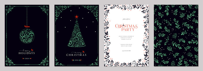 Poster - Luxury Corporate Holiday cards with ornate Christmas tree, Christmas ornament, bird, decorative floral frames, background and copy space. Universal artistic templates.