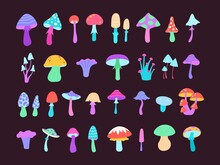 Neon Groovy Psychedelic Poison Mushrooms, Toadstool And Amanita. Cartoon Trippy Bright Mushroom. Flat Surreal Magic Hippie Fungus Vector Set