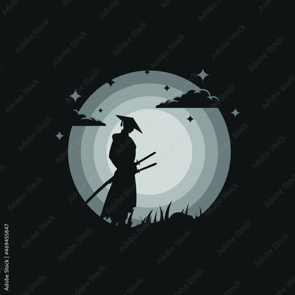 Samurai ronin silhouette illustration night moon with cloud
