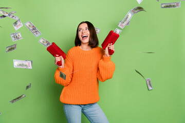 Sticker - Photo of lady look blow wind money pistol casino victory business salary wear winter sweater isolated over green color background